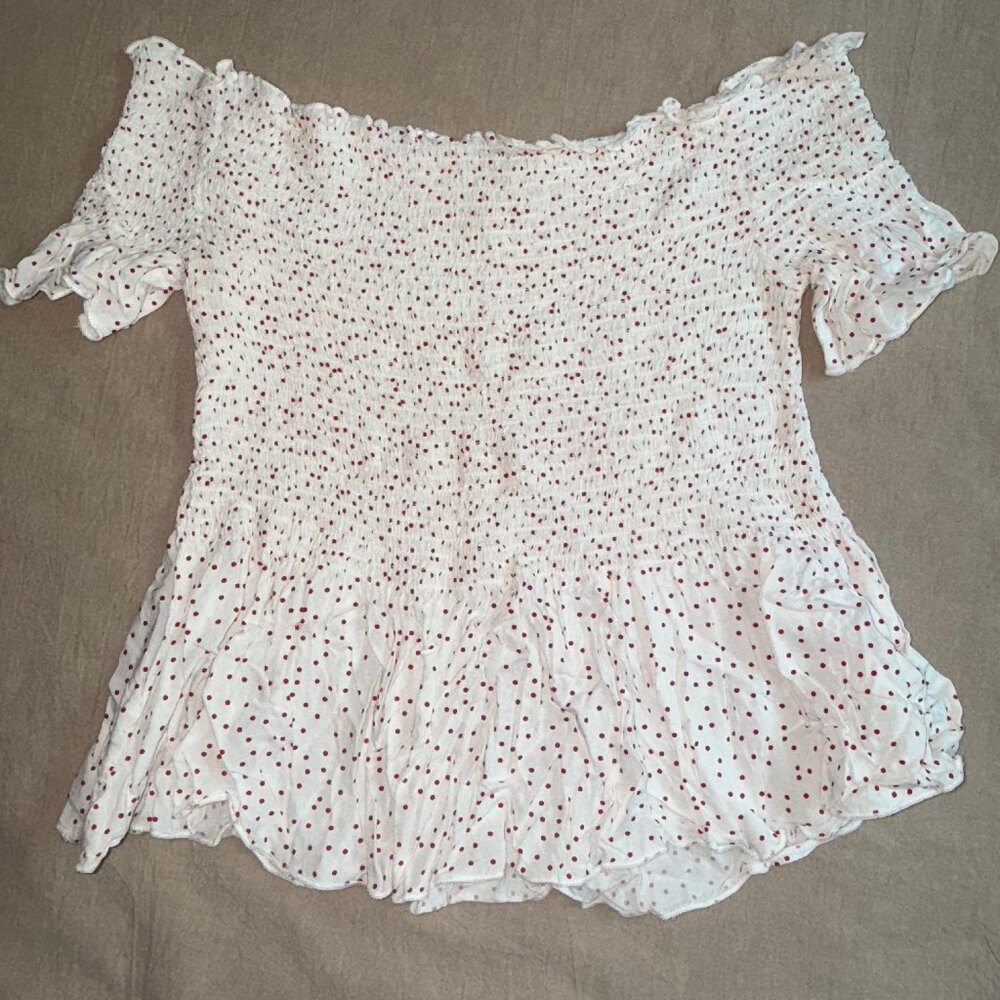 Japna White and Red Polka Dot Elastic Bodice‎ Smocked Top Size M